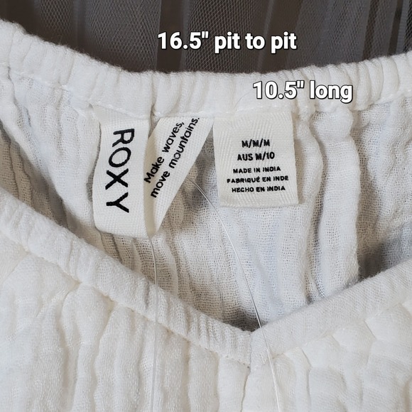 Roxy Gauze Babydoll Crop Top Size M White Puff Sleeve Smocked Summer Beach NWT - Picture 2 of 4